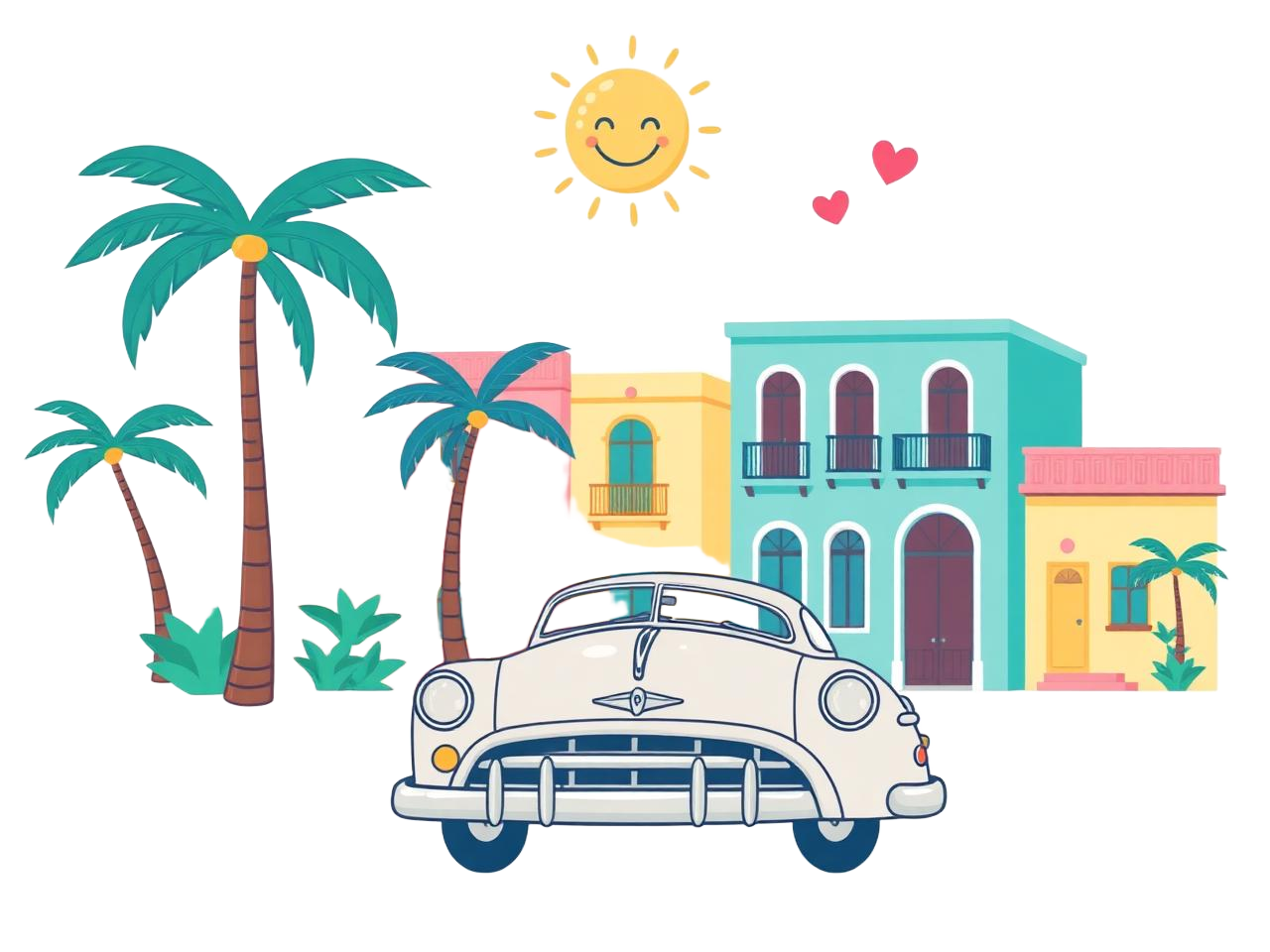 caribbean scene with vintage car, palm trees and colorful houses